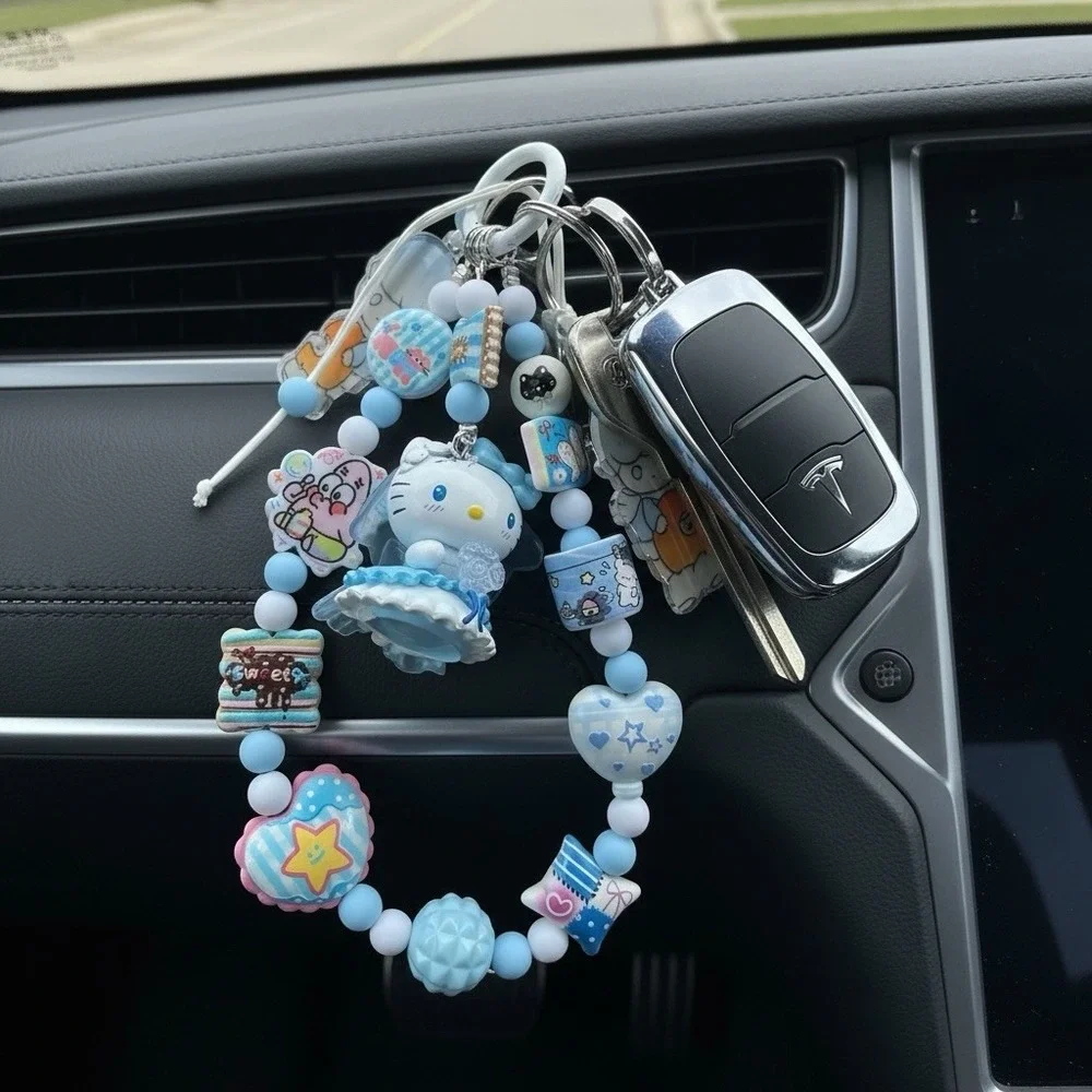 Handmade Cute Wedding Cat Purse Charm Pastel Beaded‎ 3 layered Keychain